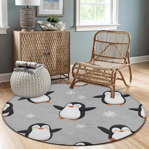 Soft Round Yoga Carpet, Office Chair Decor Round Mat for Carpet and Hardwood Floors Cute Penguin Grey