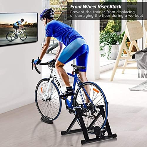 Bike Trainer Stand, Stationary Bike Stand for Indoor Riding, Steel Bicycle Exercise Magnetic Stand for 26-28” Wheels with Front Wheel Riser, Quick Release Folding Exercise Bike Stand Trainers