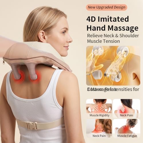 Wireless 4D Deep Kneading Neck Massager Pillow, Ergonomic Shiatsu Shoulder Back Massager with Warm Function, Portable Electric Massage Device for Daily Relaxation, Holiday Gifts for Adults