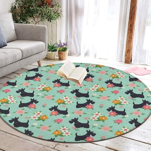 Large Machine Washable Circular Rugs, Home Decor Round Mat for Living Room Sofa Office Black Scottie Dog Floral, 36inch
