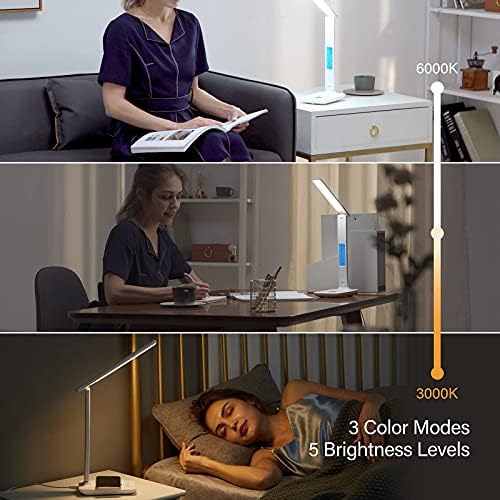 LED Desk Lamp with Wireless Charger, USB Charging Port, Table Lamp with Clock, Alarm, Date, Temperature, Desk Lamps for Home Office,Black