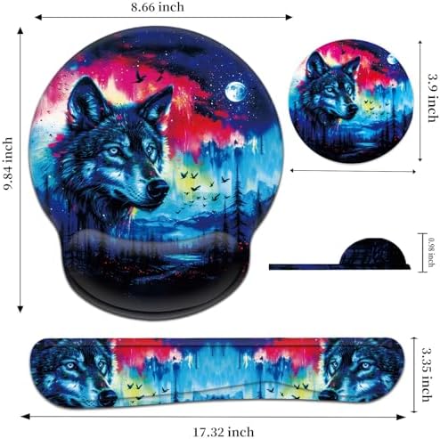 Keyboard Wrist Rest and Mouse Pad Wrist Support Set with Coaster,Comfortable for Easy Typing,Pain Relief,Memory Foam Keyboard Pad Set for Laptop Mac,Forest Wolf