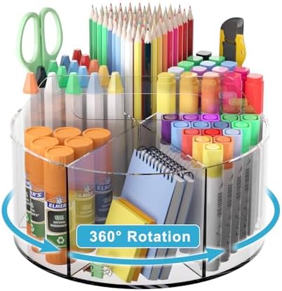 Rotating Markers Organizer for Kids, Acrylic Lazy Susan Organizers for Desks, 360 Degree Spinning Pencil Holders Pen Holders, Clear Arts and Crafts Organizer Storage, Art Supply Storage 6 Compartments
