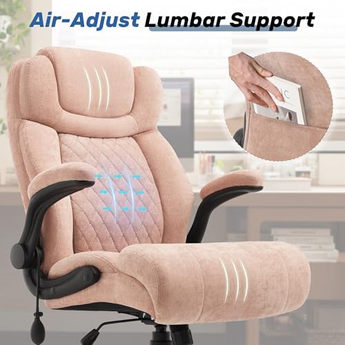 550LBS Big and Tall Office Chair, Comfy Heavy Duty Executive Chair with Adjustable Lumbar Support Double Spaces Casters, Fabric Extra Wide Seat Ergonomic Computer Desk Chair for Back Pain,Pinkcloth