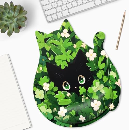 Ergonomic Mouse Pad with Wrist Rest, Cute Cat Memory Foam Padded Pain Relief Non-Slip Wrist Support Mouse Mat for Gaming Work Computer Laptop, Funny Office Supplies Desk Accessory, Cat in Leaf
