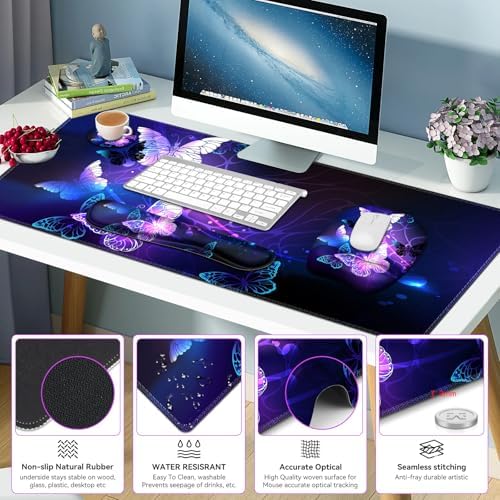 Large Mouse Pad with Wrist Support 4in1 Set, XXL Game Mousepad + Keyboard Wrist Rest+Mouse Wrist Rest+Coaster with Ergonomic Design Gaming Mat for Home Office Table Computer I Purple Butterfly
