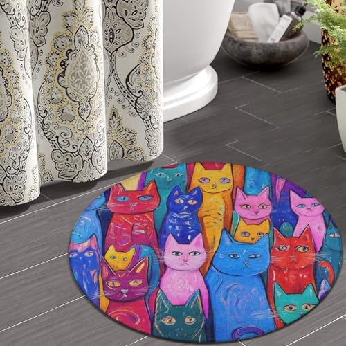 Large Round Area Rug Home Decor Modern Bathroom Rug Kitchen Office Circle Rug for Living Room Sofa Circle Cute Mat Colorful Cats Art, 60inch