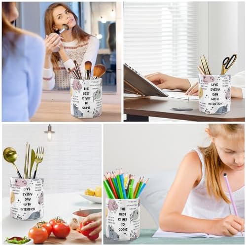 Pen Holder Cute, Pencil Cup, Makeup Brush Holder, Multi-Functional Round Leather Pen Supply Organizer for Teens Adults, Inspiring Words Pattern
