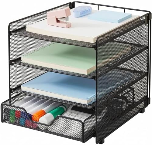 OPNICE Desk Organizer, 4-Tier Desktop File Organizer with Drawer, Office Desk Accessories, File Sorters, Workspace Organizers for Office Supplies(Black Upgraded)