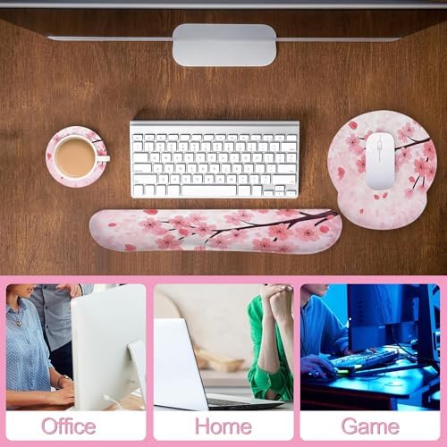 Cherry Blossom Pink Flower Mouse Pad with Wrist Rest Set, 3-in-1 Wrist Support Mousepad Set, Gaming Mat Pad with Anti-Skid Base,Ergonomic Memory Foam Mouse Pad Set for Women, Office, Typing, Gaming