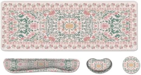 Desk Pad and Keyboard Wrist Rest, Large Mouse Pad + Keyboard Pad+Mouse Wrist Support, Non-Slip Desk Mat Protector for Office, Home 31.5×11.8 Inches Pink Floral
