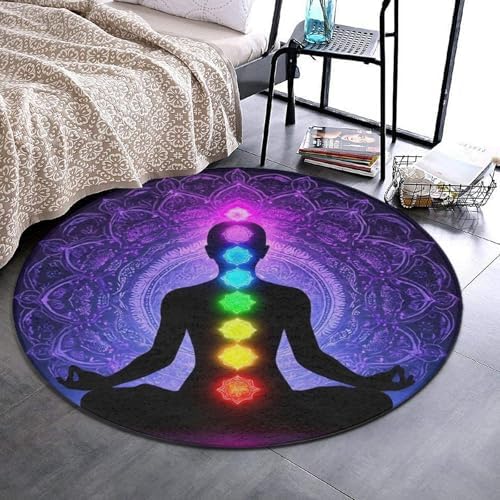 Soft Round Yoga Carpet, Office Chair Decor Round Mat for Carpet and Hardwood Floors Compatible with Seven Chakra Yoga Meditation Lotus Purple Mandala