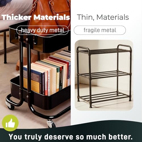 2 Tier Cart with Wheels Heavy Duty Metal Rolling Storage Cart for Under Desk Storage, Short Small Utility Shelf for Pantry Kitchen Bathroom Laundry, Home Organizer with Large Basket, Black