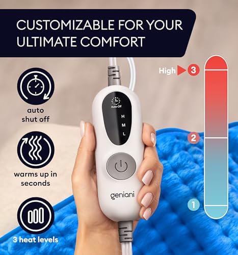 GENIANI Electric Heating Pad for Back Pain & Cramps Relief, Electric Throw, Auto Shut Off, Machine Washable, Moist Heat Pad for Neck & Shoulder, 12x24 Electric Blue