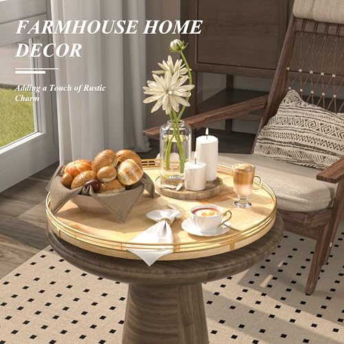 AMH 18-Inch Rustic Lazy Susan with Solid Oak Base and Gold Iron Rail