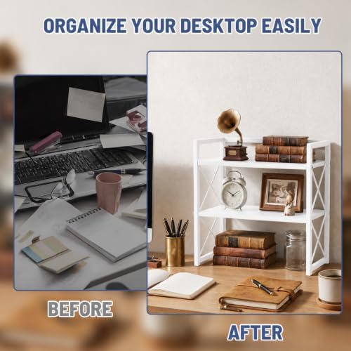 Adjustable Desktop Bookshelf, Metal Desk Shelf Organizer, White