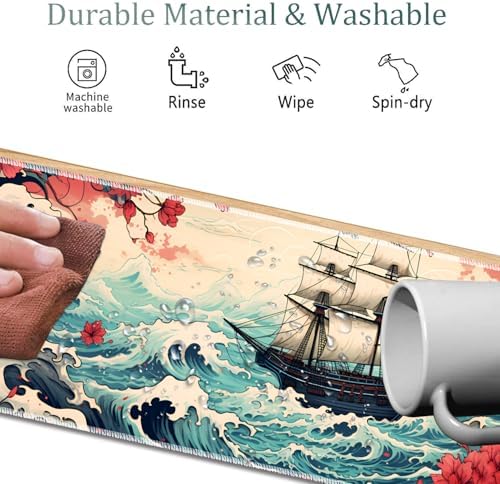 Mouse Pad Combo, Large Gaming Mouse Pad + Keyboard Wrist Support + Mouse Wrist Rest + Coaster, Table Pad 31.5 "x 11.8" with Memory Foam Ergonomic Wrist Pad Set, Pirate Ship Landscape Pattern