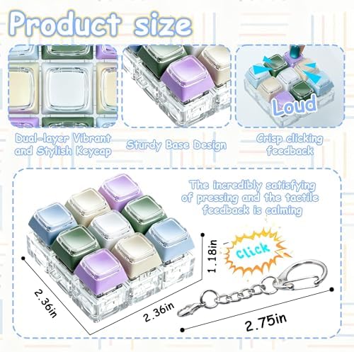 Double Layer Keycap Keyboard Fidget Toy, Keyboard Fidget Keychain 9-in-1 Keyboard Decompression Button Finger Clicker Toys, Click Buttons Fidget Toy ADHD Sensory Fidget Toy Stress Relief Gifts（Color
