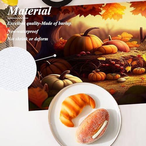 Shrahala Happy Thanksgiving Day Set of 4 12 X 18 Inch Linen Placemats, Pumpkin Harvest Leaves Branches Burlap Table Mat Washable Double Layered Heat Insulation for Indoor/Outdoor