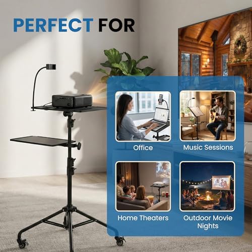 Projector Stand Tripod - 28.7 -54.3 Inch Adjustable Laptop Tripod Stand with Wheels - Dual Tray Portable Laptop Stand with Phone Holder for Office, Home, Stage, DJ Equipment & Outdoor Movies