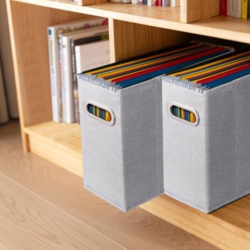 4 Packs Letter Size File Organizer, File Folders Organizer, Fabric Storage Box, Collapsible Paper Organizer with Metal Handle, Smooth PVC Rails, Only Box (Light Gray)