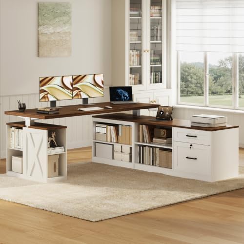 OffiGo 63 Inch Farmhouse L Shaped Electric Standing Desk, Walnut & White
