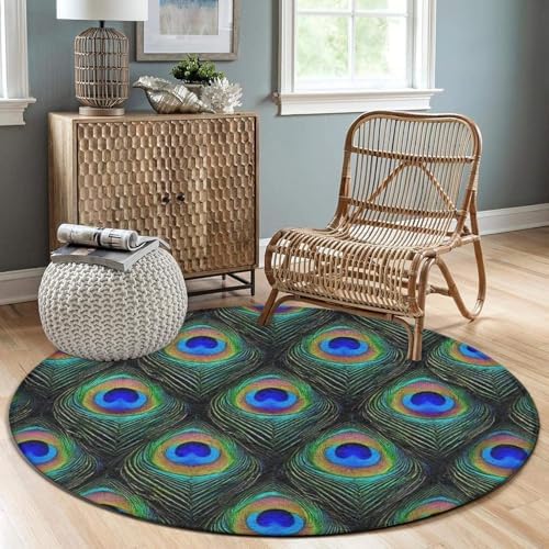 Soft Round Yoga Carpet, Large Home Decor Mat, Non Slip Machine Washable Kitchen Office Circle Rug Peacock Feathers