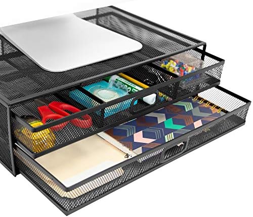 MOUNT-IT! Computer Monitor Stand With Drawers, Metal Mesh Riser and Organizer for Laptops and Computer Screens, Laptop, and Printer Accessories and Office Supplies (Black)