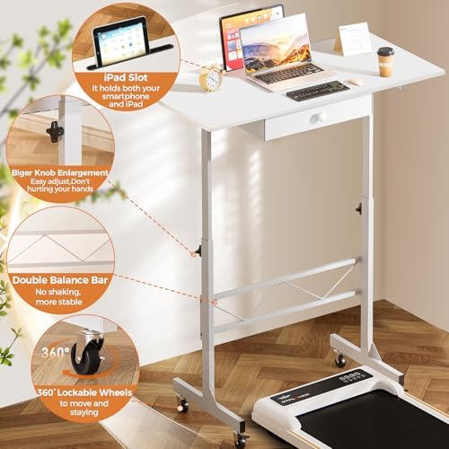 COMHOMA Standing Desk Adjustable Height & Tiltable Tabletop, Portable Stand Up Desk for Laptop, Mobile Folding Desk for Home Office Work and Walking Pad Treadmill, Height 30.7"-46.4", White