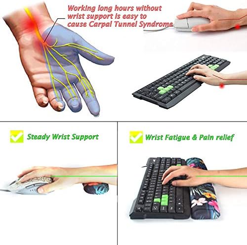 BRILA Memory Foam Mouse & Keyboard Wrist Rest Support Pad Cushion Set for Computer, Laptop, Office Work, PC Gaming - Massage Holes Design - Easy Typing Wrist Pain Relief (Floral Leaves)