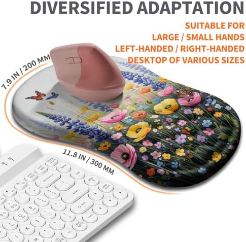 Ergonomic Joint Wrist Support Mouse Pad with Memory Foam Cushion Massage Bump, Carpal Tunnel Pain Relief Mousepad Slope Design for Wrist Rest, 11.8x7.9 in, Wild Flower