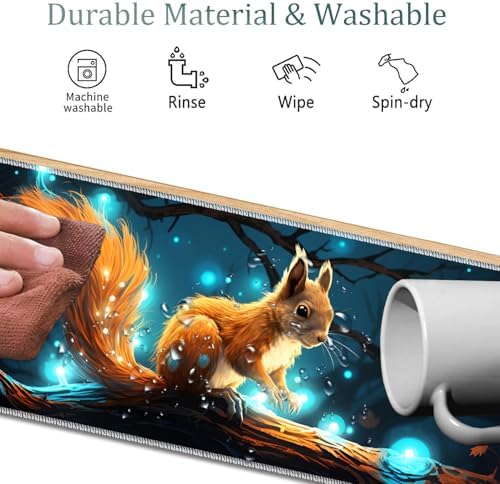 4 in 1 Mouse Pad Combo, Large Gaming Mouse Pad + Keyboard Wrist Support + Mouse Wrist Rest + Coaster, Table Pad 31.5 "x 11.8" with Memory Foam Ergonomic Wrist Pad Set, Glowing Squirrel