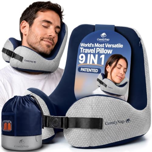 ComfyNap® Versatile Travel Neck Pillow for Airplane [Patented], 9 Positions in 3 Techniques, Plane Pillow with Pure Memory Foam, Travel Pillow with HeadRest Flight Sleep, Travel Essential - Earth