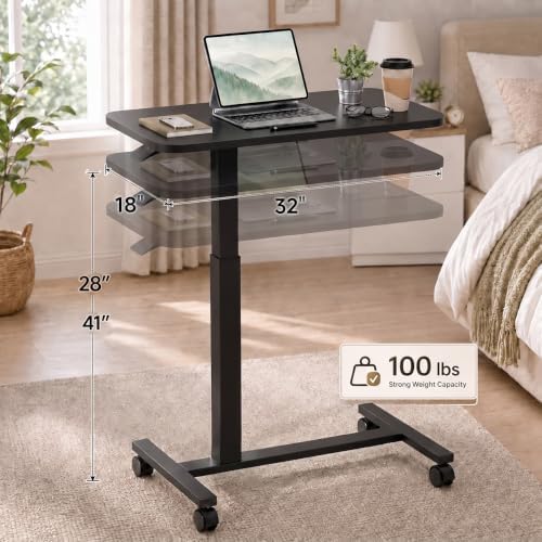 GTPLAYER Mobile Rolling Desk, Adjustable Height Laptop Table, 32 Inch Black