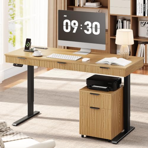 ONBRILL 63" Electric Standing Desk with File Cabinet, Height Adjustable,Oak