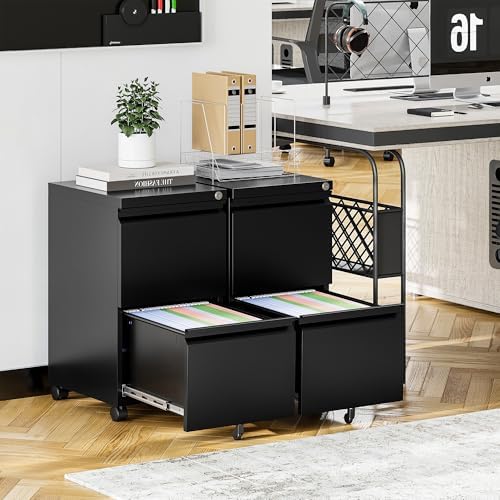 2 Drawer File Cabinet On Wheels Mobile Cabinet with Lock Under Desk Metal Filing Cabinet On Rollers Small Rolling File Cabinet Black Printer Stand for Home Office Fully Assembled