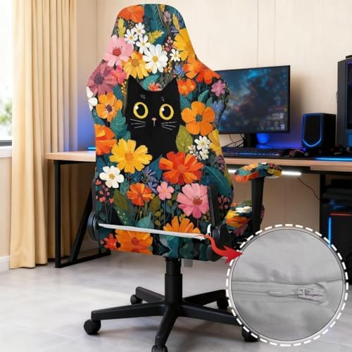 Cat Floral Print Gaming Chair Cover with Armrest Covers Non Slip Universal Furniture Protector Stretchable Anti Scratch Gamer Chair Slipcover