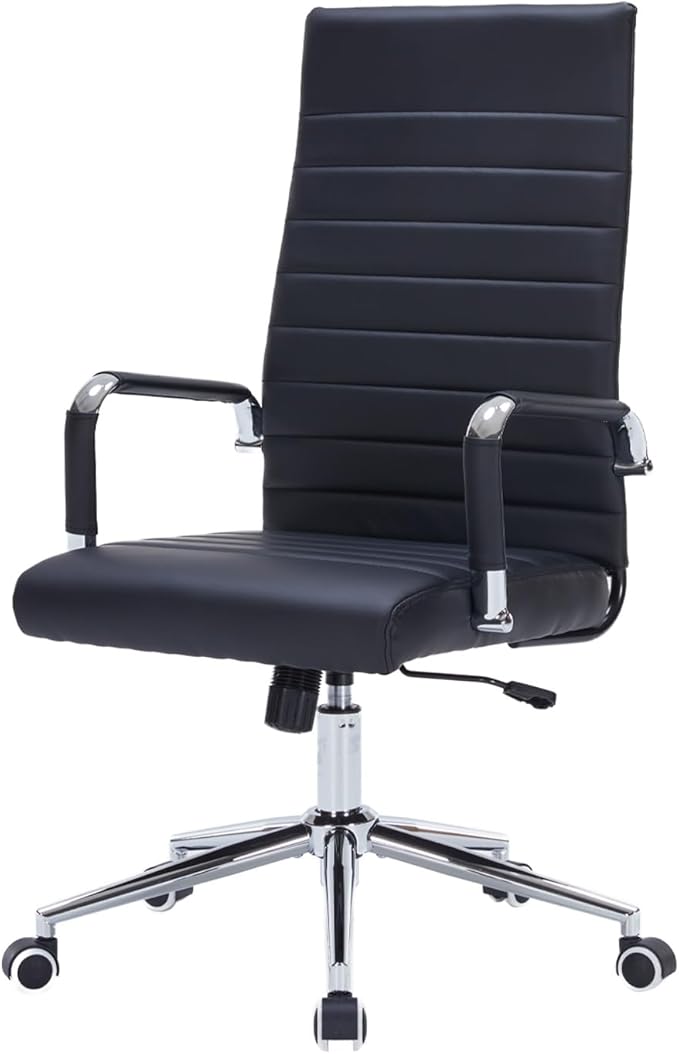 Black Modern High Back Office Desk Chair, PU Leather Ribbed Ergonomic Executive Conference Chair with Wheels, Adjustable Swivel Task Chair with Arms
