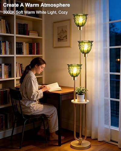 3-Light Green Tulip Glass Floor Lamp with Side Table, Mid Century Modern Gold Tall Standing Lamp, 3000K Warm White Bulbs Included, Vintage Floor Lamp for Living Room Bedroom Sofa Corner Decor