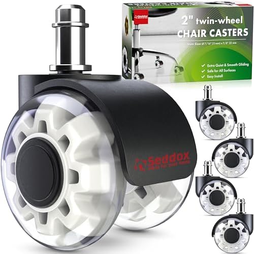Office Chair Wheels Replacement Set of 5 - Dual 2 Inch Soft Chair Casters for Hardwood Vinyl Tile - Heavy Duty & Safe for All Floors - Universal Fit Most Computer Gaming & Desk Chairs - White