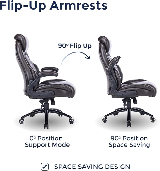 Q-Seat Office Chair with 5-Level Lumbar Adjustment | Recline & Relax Function | Heavy Duty Ergonomic Desk High Back Executive Chair | Flip-up Armrest | Adjustable Headrest | Dark Brown