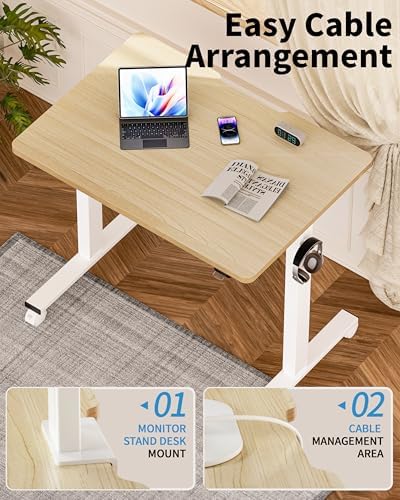 Okin Small Electric Standing Desk, 36" x 24" Whole Piece Height Adjustable Desk, Oak Sit to Stand Computer Workstation with Wheels for Home Office