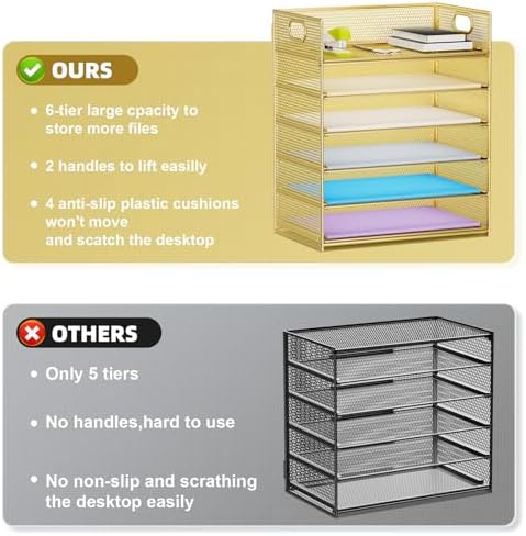 Marbrasse Paper Letter Tray Organizer - 6 Tier Mesh File Organizer with Handle, Paper Sorter Organizer for Letter/A4 Office File Folder Holder - Gold