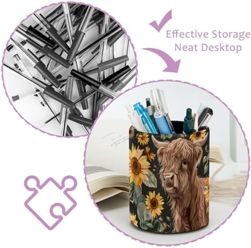 Pen Holder for Desk, Highland Cow Sunflowers Pencil Holder Desk Organizer, Large Capacity Pen Cup Makeup Brush Holders Desktop Office Supplies Storage Organizer