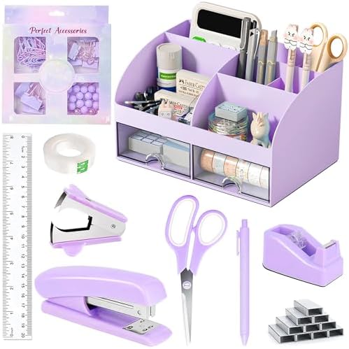COMFYROOM Desk Accessories with Pen Holder, Office Supplies Desk Organizers and Accessories, Tape Dispenser, Stapler, Staple Remover, Staples, Clips Set, Ruler, Scissor, Pen, Tape (Purple)