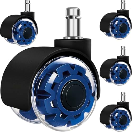 Office Chair Wheels, 2 Inch Smooth & Quiet Rolling Casters Replacement, Computer Gaming Chair Casters for All Hardwood Floors & Carpet, Smooth Safe Rubber Wheels-Set of 5, Blue