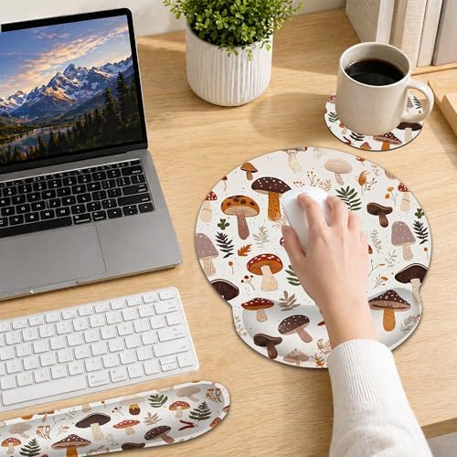 Wrist Rest Mouse Pad and Keyboard Support Set,Cute Mushroom Forest 3 in 1 Ergonomic Memory Foam Mousepad with Non Slip Base, Gaming Mouse Pad for Office and Home