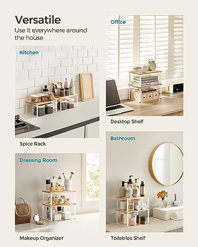 SONGMICS Cabinet Organizer Shelf, Set of 2 Kitchen Counter Shelves, Kitchen Storage, Spice Rack, Stackable, Expandable, Metal and Engineered Wood, Cloud White and Natural Beige UKCS02NW (Pack of 2)