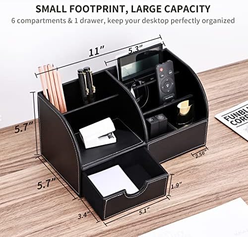 KINGFOM Pu Leather Desk Organizer Pen Pencil Holder Office Supplies Caddy Storage Box 6 Compartments with Drawer Black