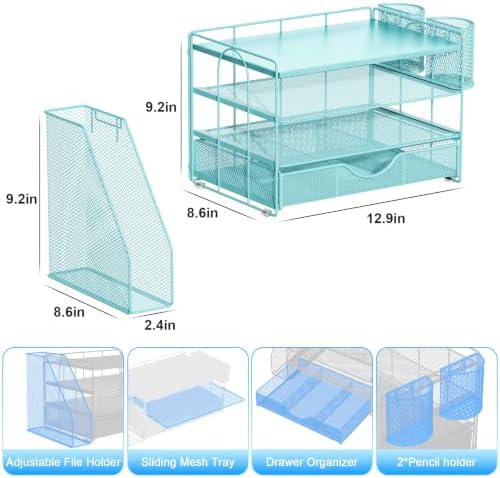 gianotter Desk Organizers and Accessories with File Holder, 4-Tier Desk Accessories & Workspace Organizers with Drawer and 2 Pen Holder, Desk Reference Organizer (Blue, 4T with Metal Drawer)